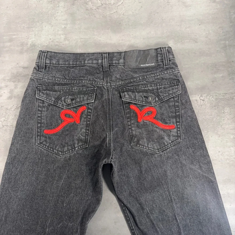 Rocawear Original Fit Jeans‎ Mens 34 Black Red Embroidered Logo Y2K Streetwear